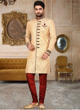 Cream And Maroon Art Jacquard Silk Indowestern Set