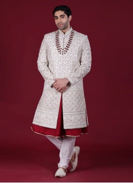 Cream And Maroon Embroidered Asymmetric Sherwani Set