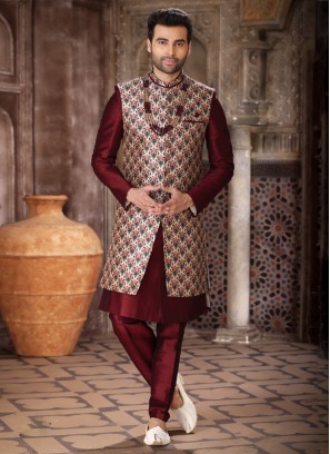 Cream And Maroon Indowestern In Art Silk