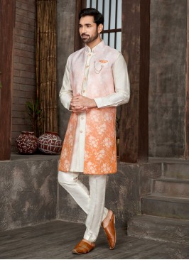 Cream And Orange Indowestern Set In Art Silk