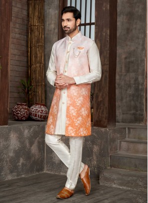 Cream And Orange Indowestern Set In Art Silk