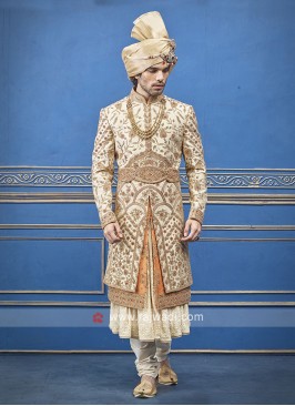 Cream and Orange Silk  Sherwani For Groom