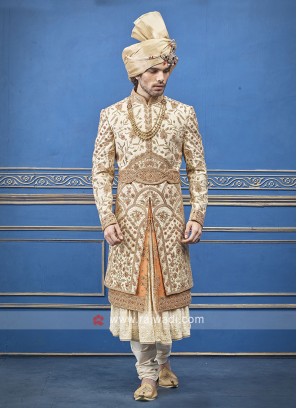 Cream and Orange Silk  Sherwani For Groom