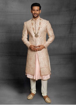 Cream And Peach Color Groom Anarkali Sherwani