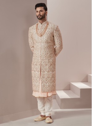 Cream And Peach Embroidered Groom Sherwani