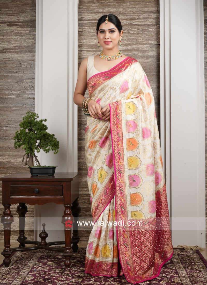 Cream And Pink Woven Kanjivaram Silk Saree – Rushini