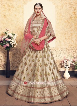 Cream and Pink Satin Lehenga Set