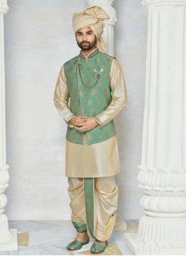 Cream And Pista Color Nehru Jacket In Pista Color