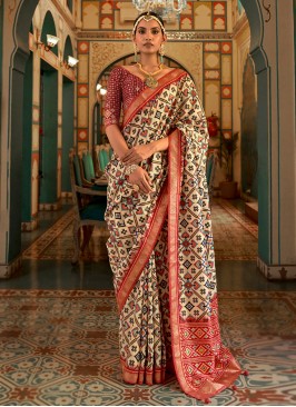 Cream and Red Patola Silk Woven Saree