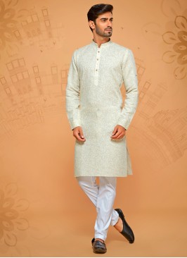 Cream And White Cotton Silk Kurta Pajama For Men