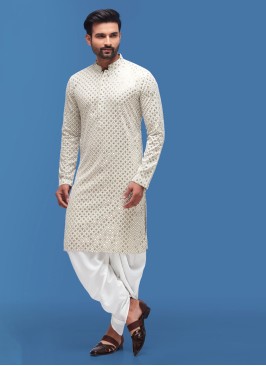 Cream And White Lucknowi Work Indowestern For Men