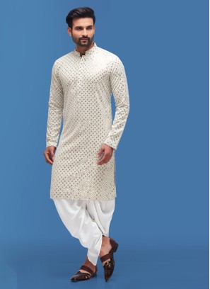 Cream And White Lucknowi Work Indowestern For Men