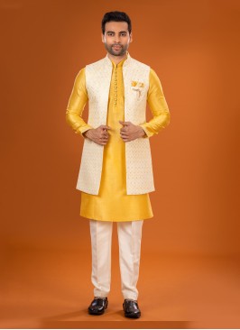 Cream And Yellow Embroidered Designer Nehru Jacket Set