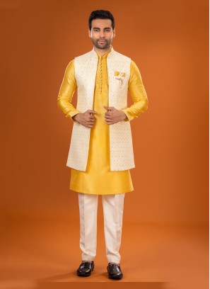 Cream And Yellow Embroidered Designer Nehru Jacket Set