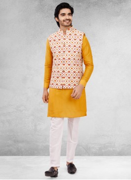 Cream And Yellow Festive Wear Nehru Jacket Set