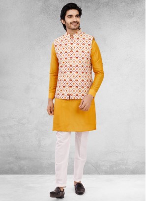 Cream And Yellow Festive Wear Nehru Jacket Set