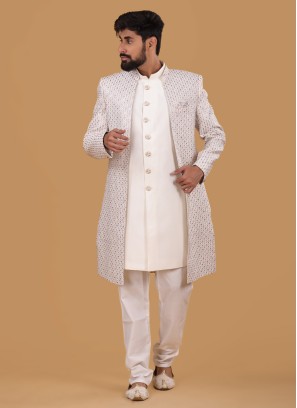 Cream Art Silk Indowestern With Sequins & Thread Work