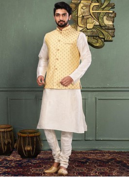 Cream Art Silk Nehru Jacket For Men