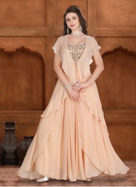 Cream Chiffon Indowestern Palazzo Suit with Ruffle Jacket