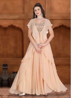 Cream Chiffon Indowestern Palazzo Suit with Ruffle Jacket