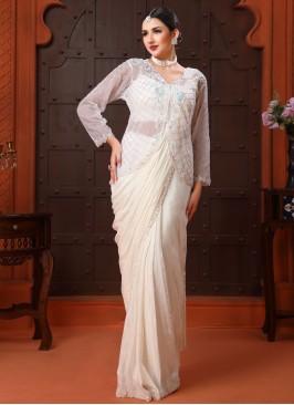 Cream Chiffon Saree with Embroidered Jacket