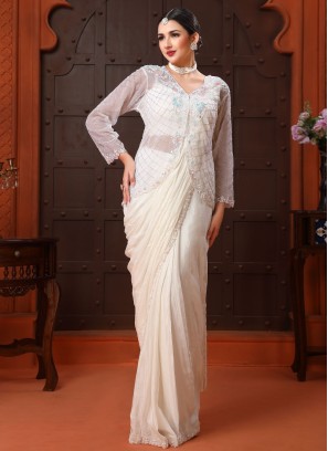 Cream Chiffon Saree with Embroidered Jacket