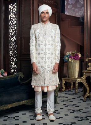 Cream Color Groom Anarkali Sherwani