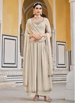 Beige Embroidered Georgette Palazzo Suit