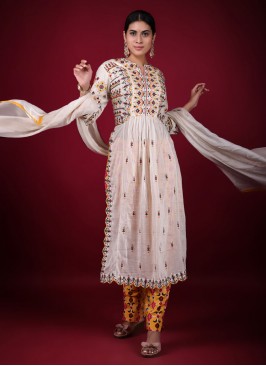 Cream Color Pants Style Suit With Resham Work