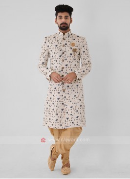 Cream Color Printed Mens Indo-Western