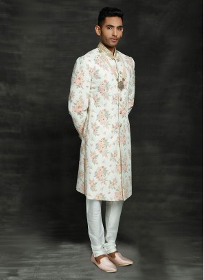 Printed Cream Color Wedding Sherwani