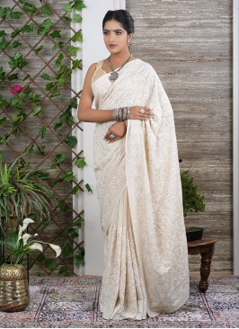 Cream Designer Chiffon Saree For Wedding