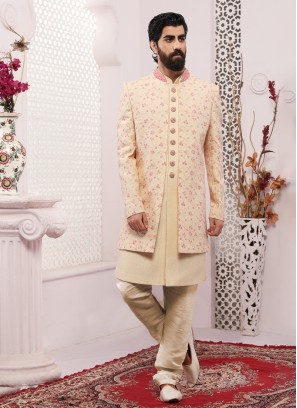 Cream Designer Jacket Style Indowestern For Groom