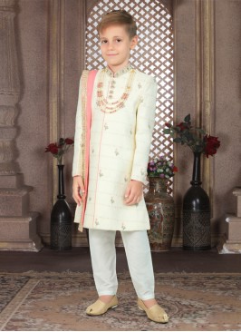 Cream Embroidered Art Silk Sherwani For Wedding