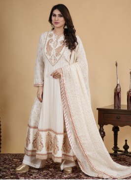 Cream Embroidered Chanderi Silk Palazzo Suit