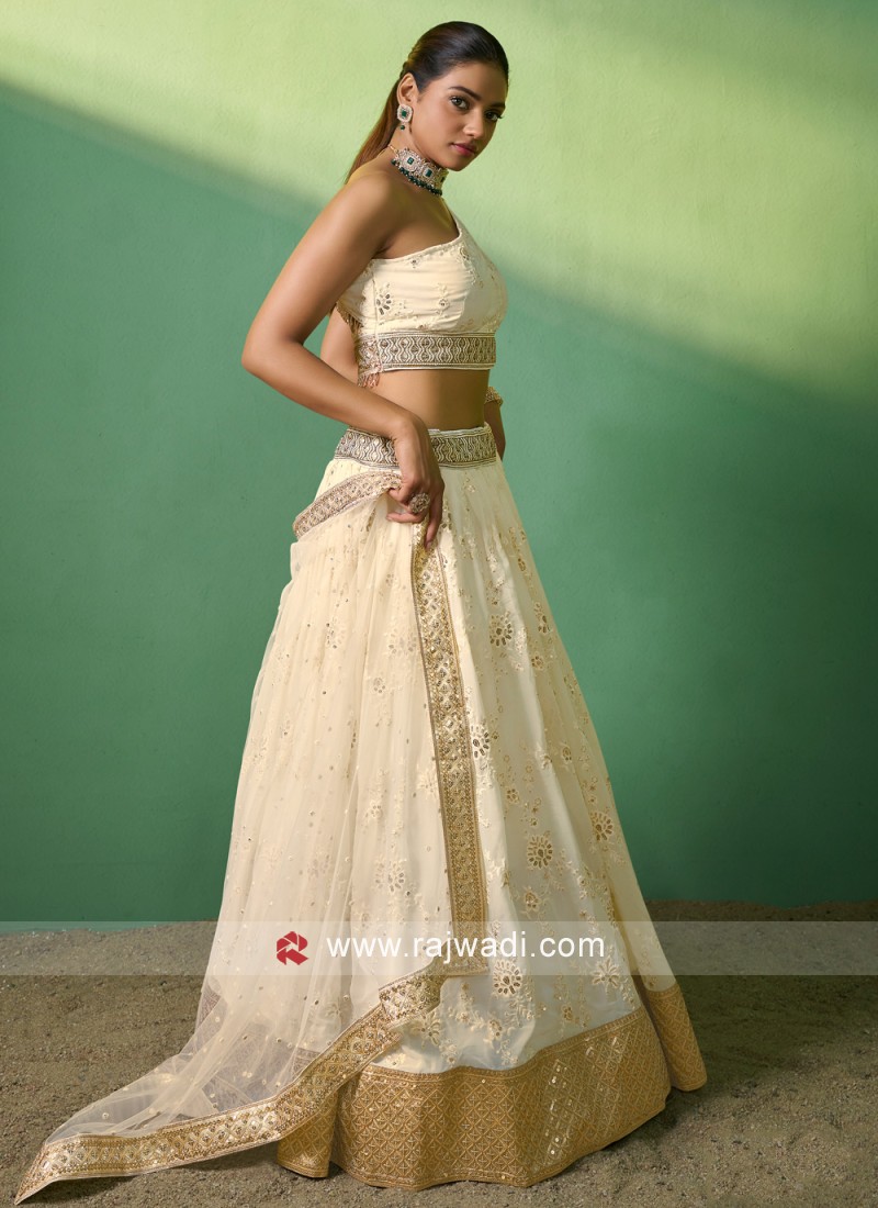 Embroidered Crepe Cream Wedding Lehenga Choli with Dupatta UK - LC4666