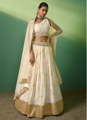 Thread Embroidered Cream Lehenga Choli