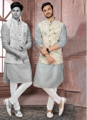 Cream Embroidered Festive Wear Nehru Jacket Set