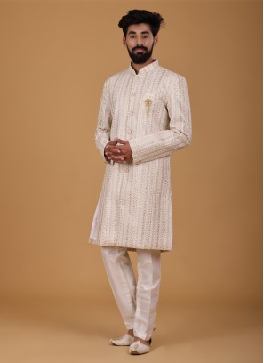 Cream Embroidered Indowestern Set For Men