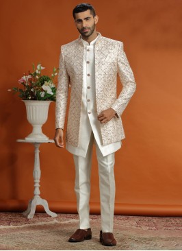 Cream Embroidered Jacket Style Indowestern Set