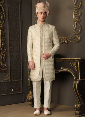 Cream Embroidered Jacket Style Indowestern Set In Silk