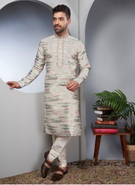 Cream Embroidered Kurta Pajama For Men