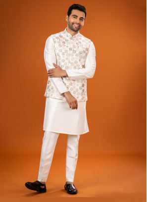 Cream Embroidered Nehru Jacket Set