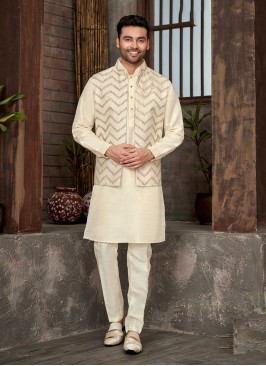 Cream Embroidered Nehru Jacket Set For Men