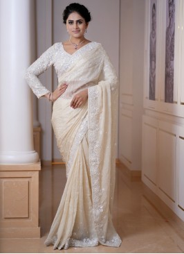 Cream Embroidered Organza Saree For Wedding