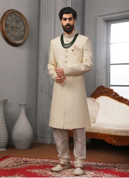 Cream Embroidered Readymade Groom Sherwani