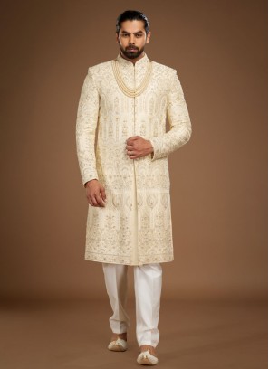 Cream Embroidered Sherwani Set In Silk