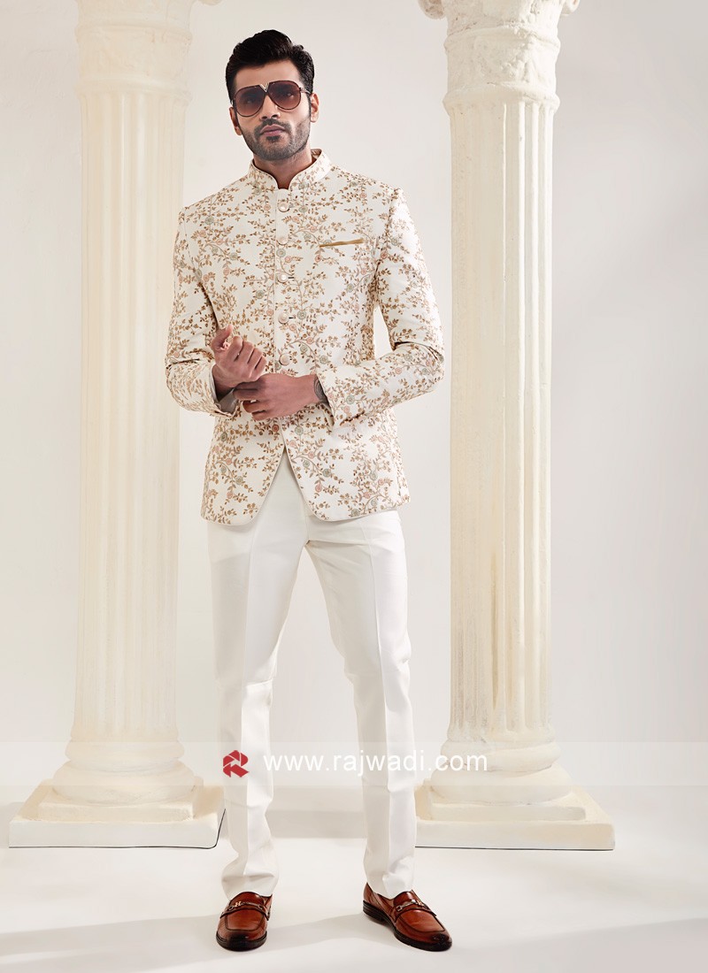 Buy Cream Resham Embroidered Italian Jodhpuri Suit Online | Samyakk