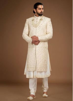 Cream Embroidered Silk Sherwani For Groom