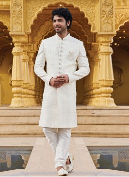 Cream Embroidered Wedding Wear Sherwani For Men